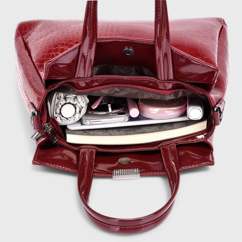 Nora. - Elegantes 3-teiliges schwarzes Krokodilleder-Taschen-Set