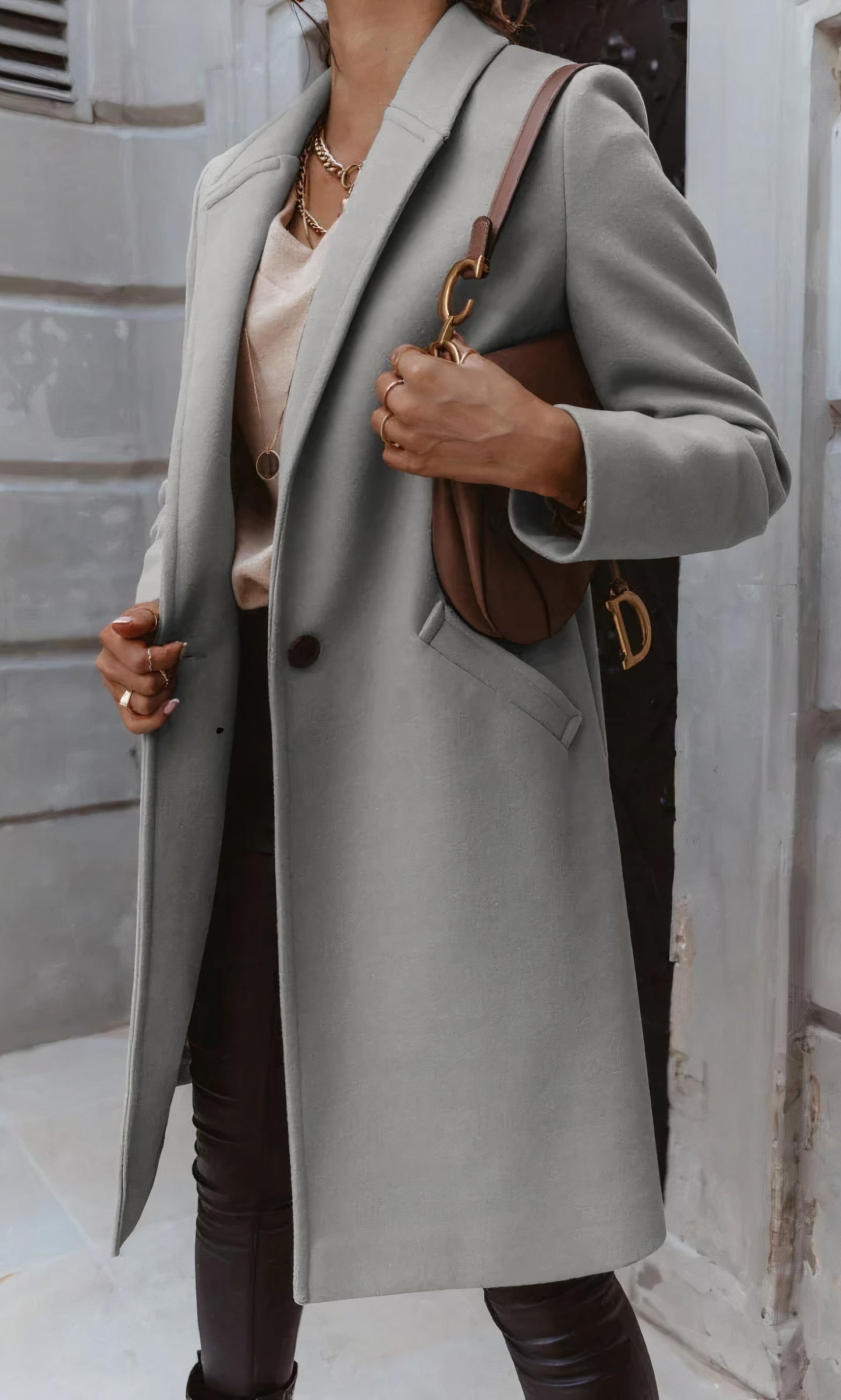 Damen Winter Langmantel Taillierte Passform Klassischer Kragen Knopfleiste