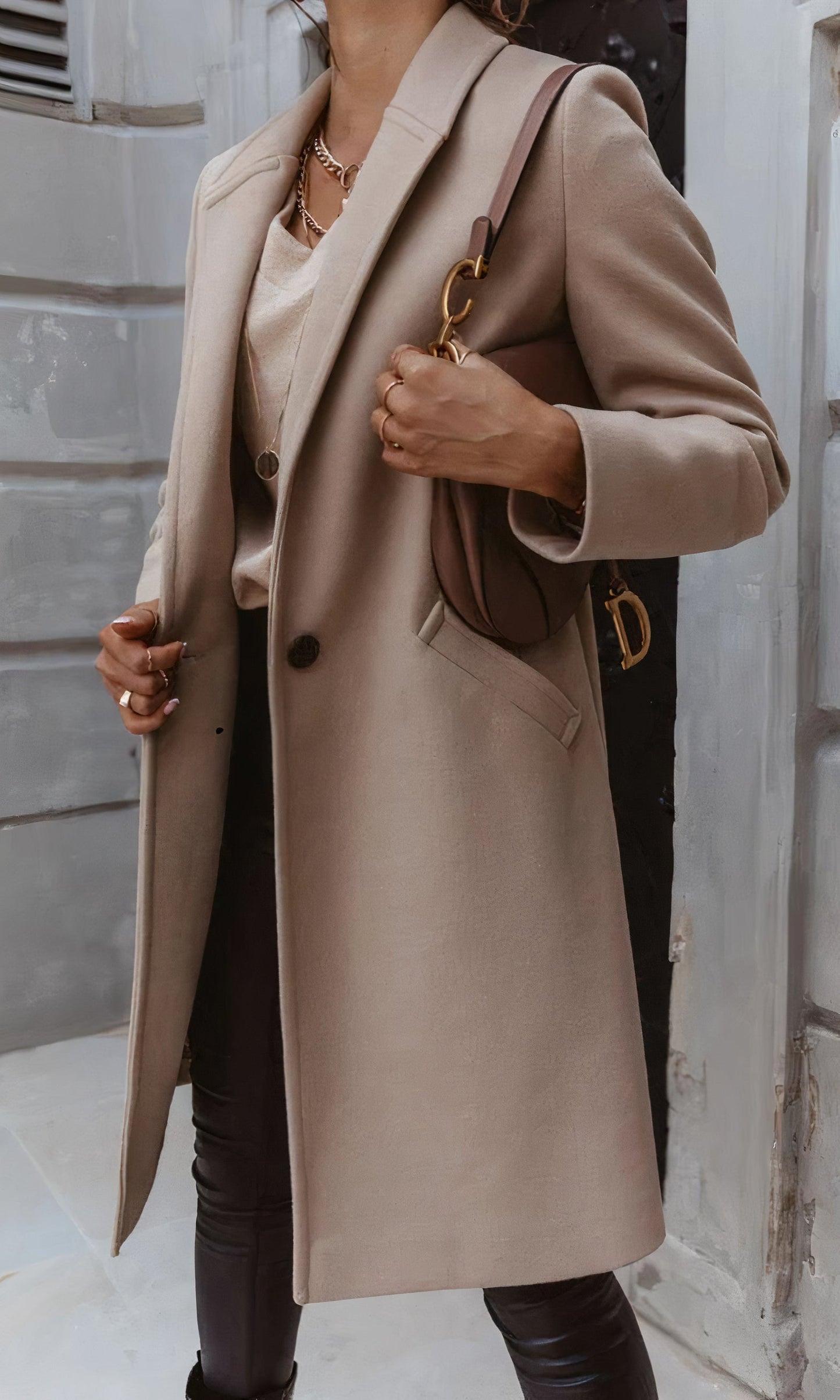 Damen Winter Langmantel Taillierte Passform Klassischer Kragen Knopfleiste