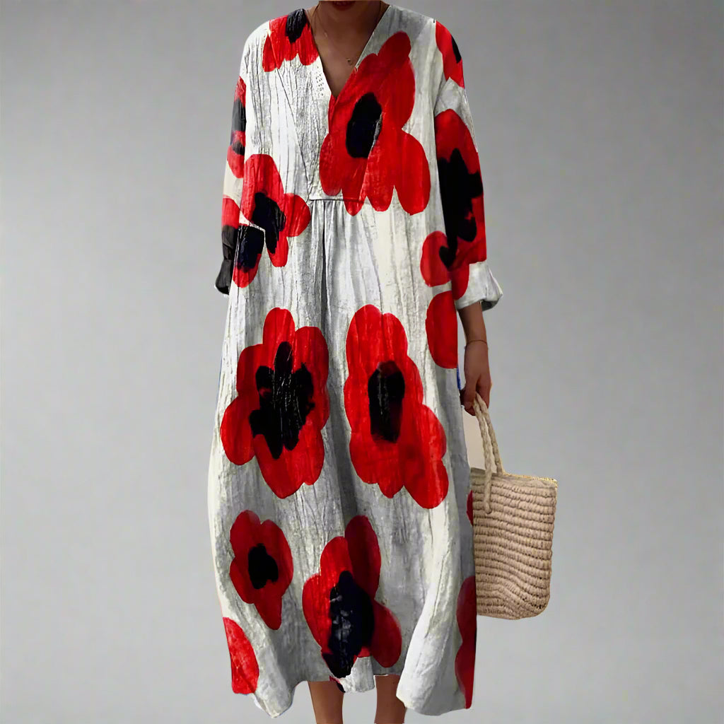 Barbara™ | Kühner Mohnblumen-Print Baumwollmaxikleid