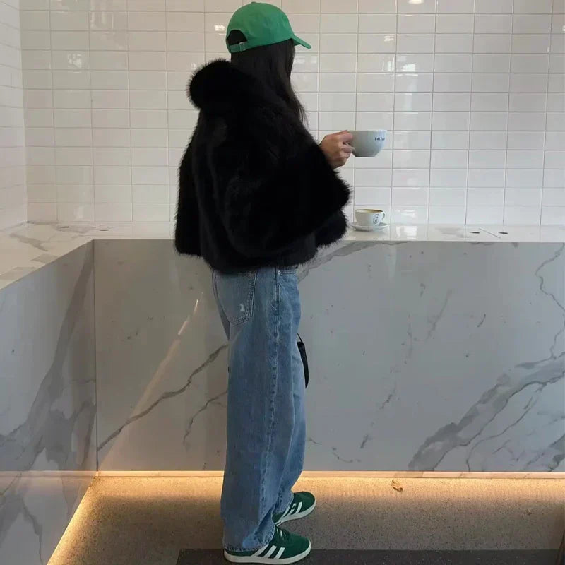 Plüsch-Wintermantel aus Kunstpelz für Damen mit Kapuze und Taschen | Ideal für Herbst/Winter