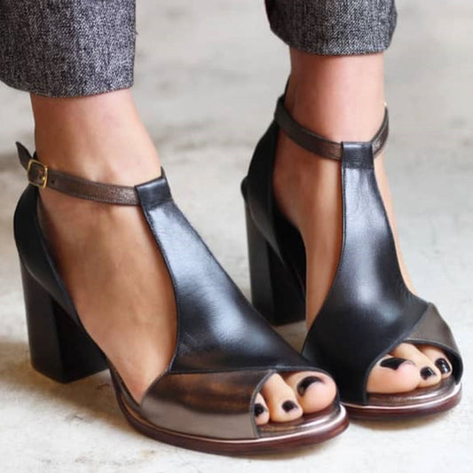 Nadaria | Schwarze Patchwork-Peep-Toe-Sandalen mit Absatz