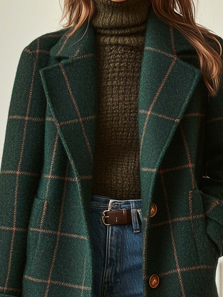Retro-Karomantel aus Tweed mit Revers für Frauen